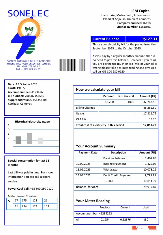 Comoros Sonelec utility bill